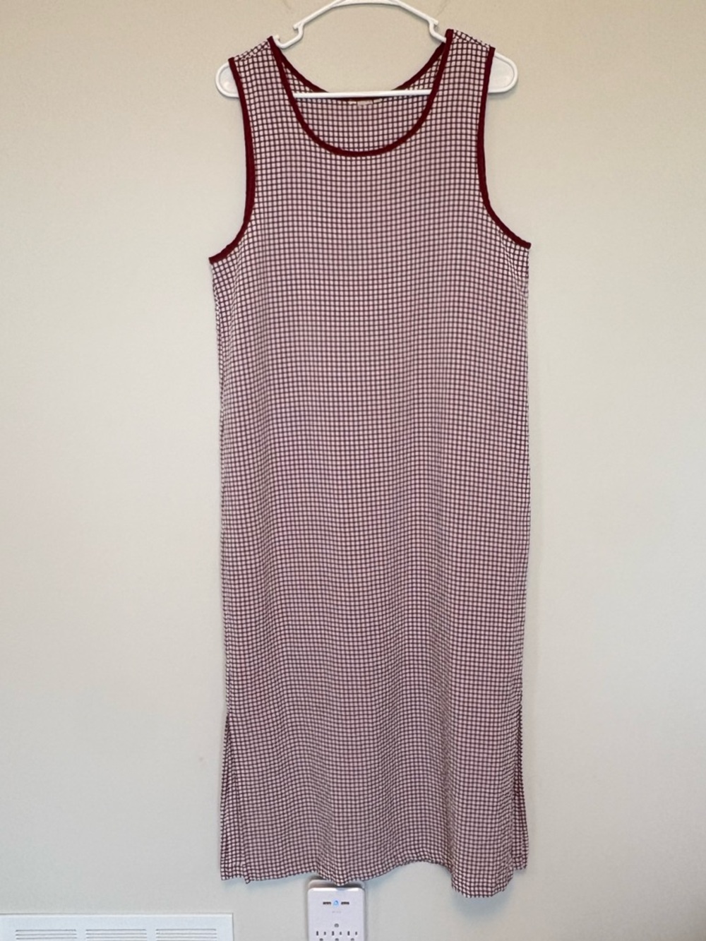 90s Gingham Checkered Burgundy and White Tank Dress Midi Maxi Size M